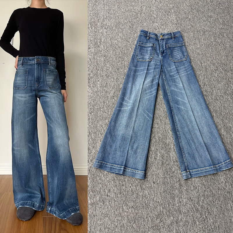 PL蓝色牛仔裤男女高腰宽松休闲百搭贴袋阔腿长裤女欧美风2026新款