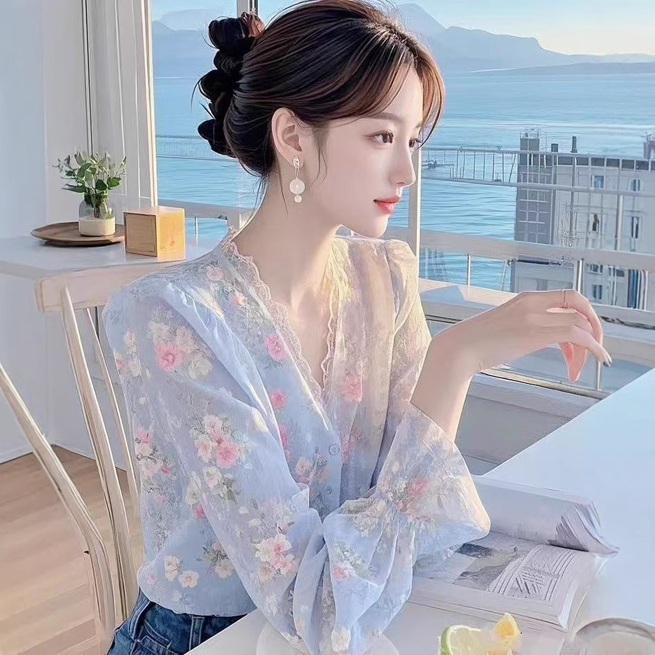 法式高级感蓝色碎花长袖雪纺衬衫女春季新款轻奢洋气漂亮绝美上衣产品图