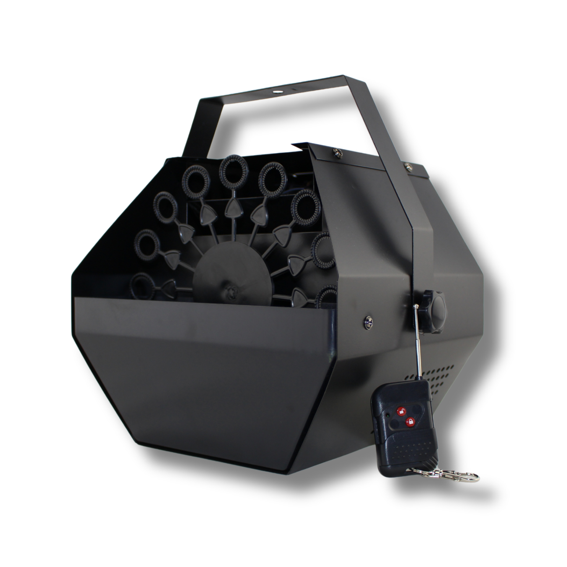 Máquina de burbujas de etapa transfronteriza portátil privado hexagonal hierro shell boda al aire libre control remoto automático bubble blow machine Item Picture