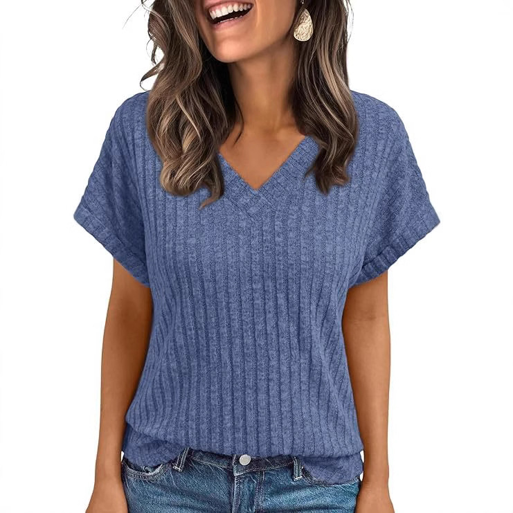 2025 European and American Cross-border summer top Women's short-sleeved casual V-neck pullover T-shirt Specification drawing