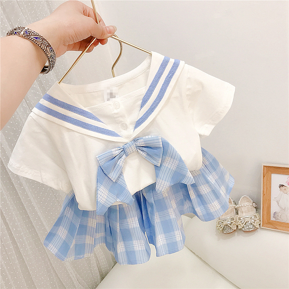 2025 New girls' clothing: grid bow T-shirt, pleated skirt, little Girls' set, Little girls' clothing Specification image