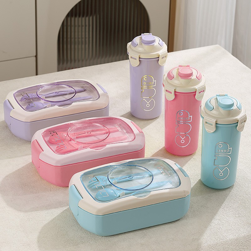 Plastic compartments set lunch box, water cup with fork and spoon, sauce box, office worker salad lunch box, student bento box Specification image