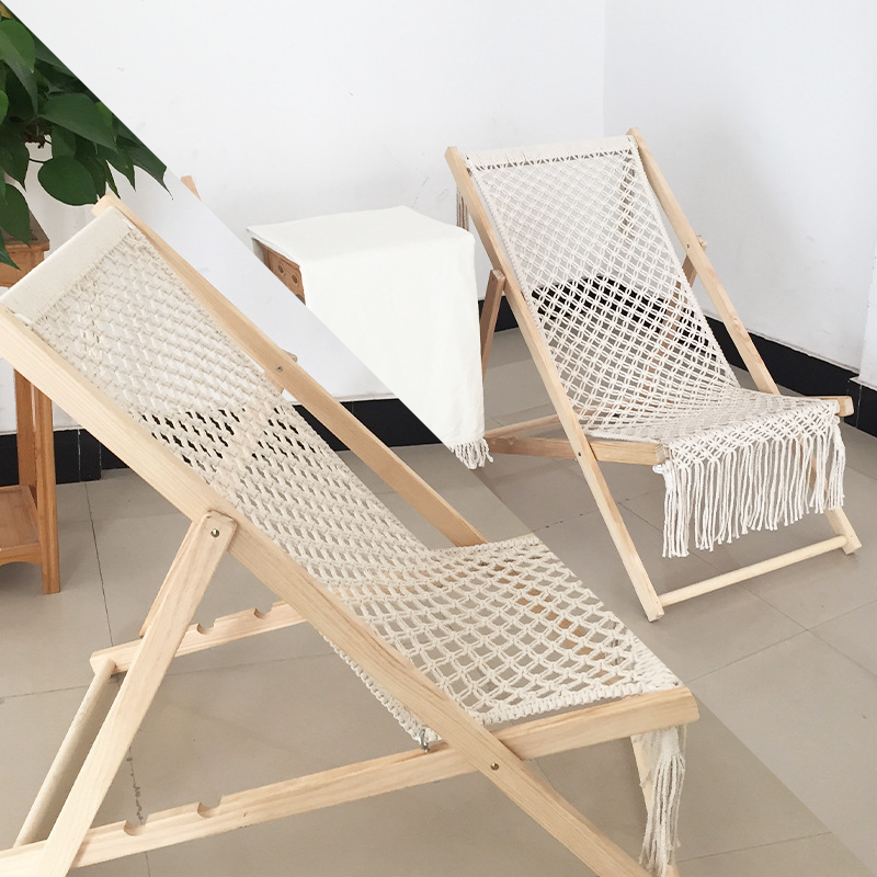 Outdoor camping folding chair, hand-woven cotton rope, European pine wood lounge chair, detachable and washable, living room, midday rest with tassels Application Scenario