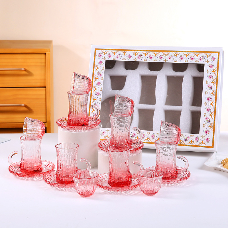 Creative glass cups, cross-border export coffee cup and dish sets, embossed glass wine cups, 18-head grandpa cups, business gifts