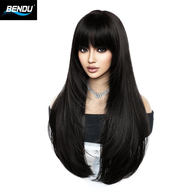 Black, light purple long straight hair, air bangs, Lolita yin-yang hairstyle gradient Halloween fashion wig full head set Specification image