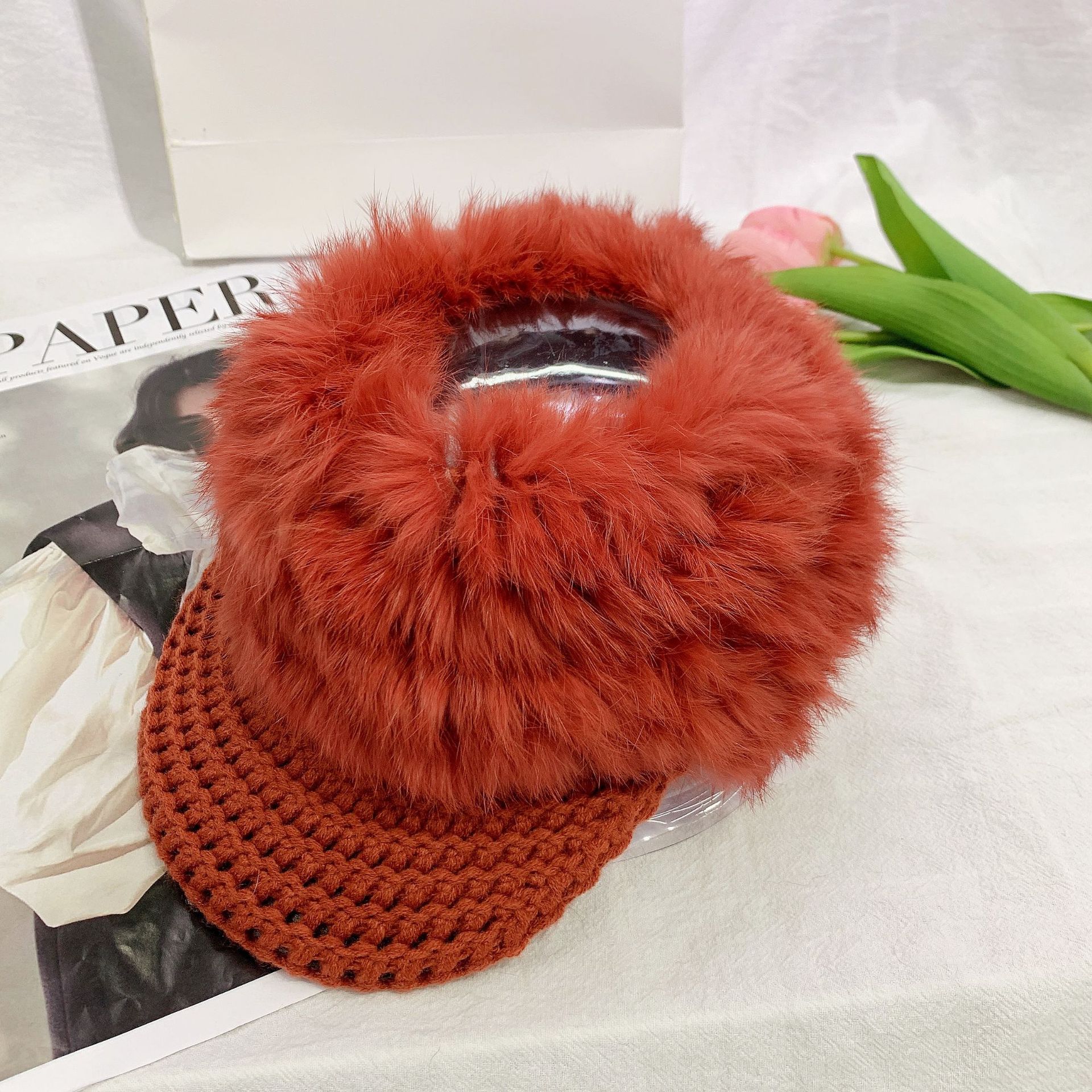 New rabbit fur hollowed-out cap for women, no-top baseball cap for autumn and winter, Korean style, versatile plush hat, Japanese trendy hat style details Picture