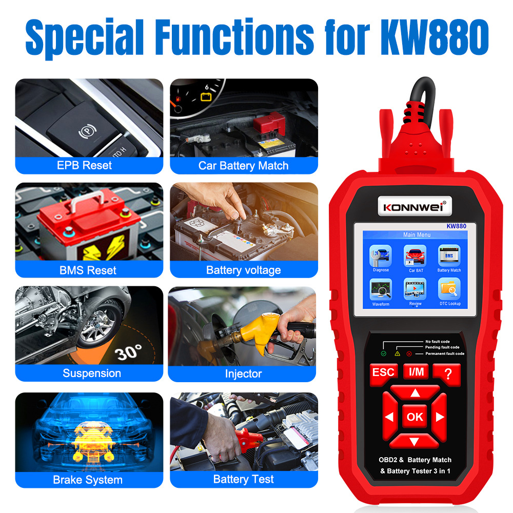 The customized KW880 is a three-in-one machine that integrates automotive diagnostic tools, automotive battery testers, and automotive battery matching Specification image