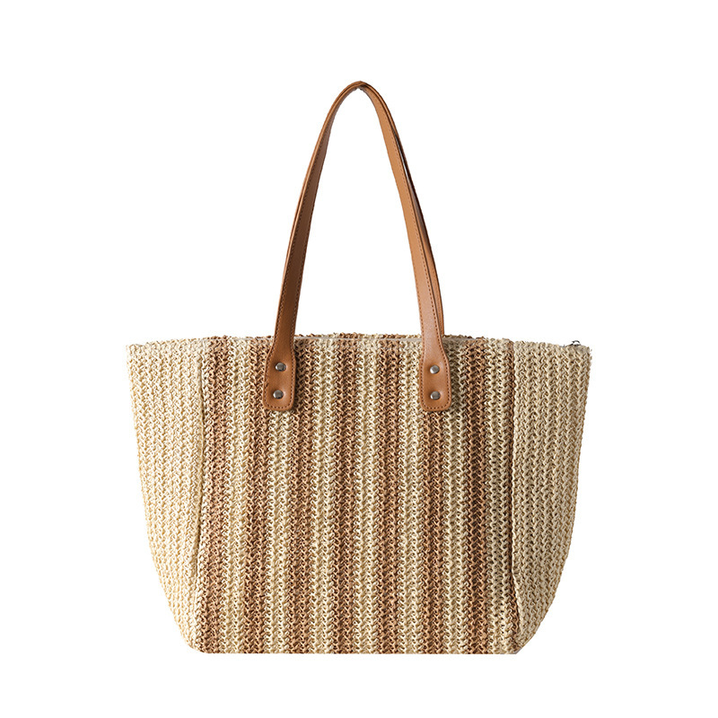 Cross-border straw woven bag, striped woven handbag, fashionable and simple, large-capacity commuter lady's single-shoulder bag, casual and simple straw woven bag Item Picture