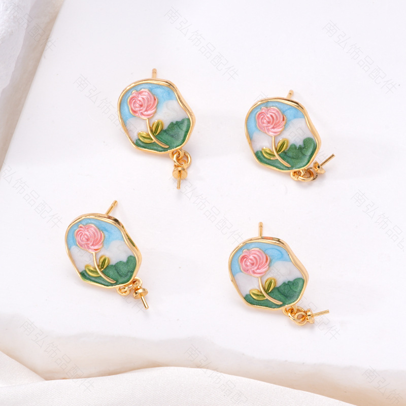 S925 Silver Needle Pearl Ear studs, ear studs, peach rose, Monet oil, vintage oil painting, Chinese style diy copper accessories Application Scenario