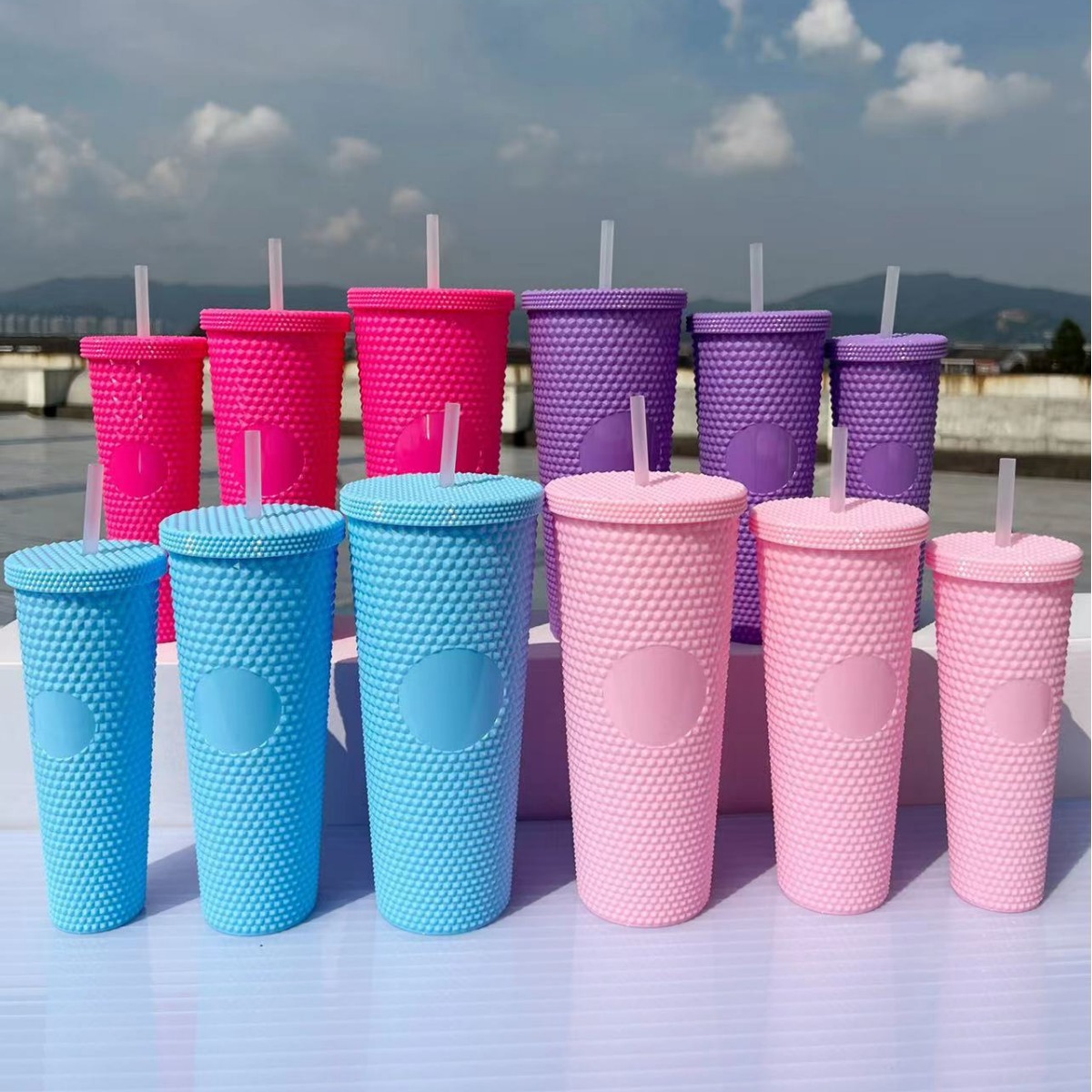 Cross-border durian cup three-piece set, two-piece set, double-layer, single-layer, large-capacity, prickly straw, plastic cup, custom logo