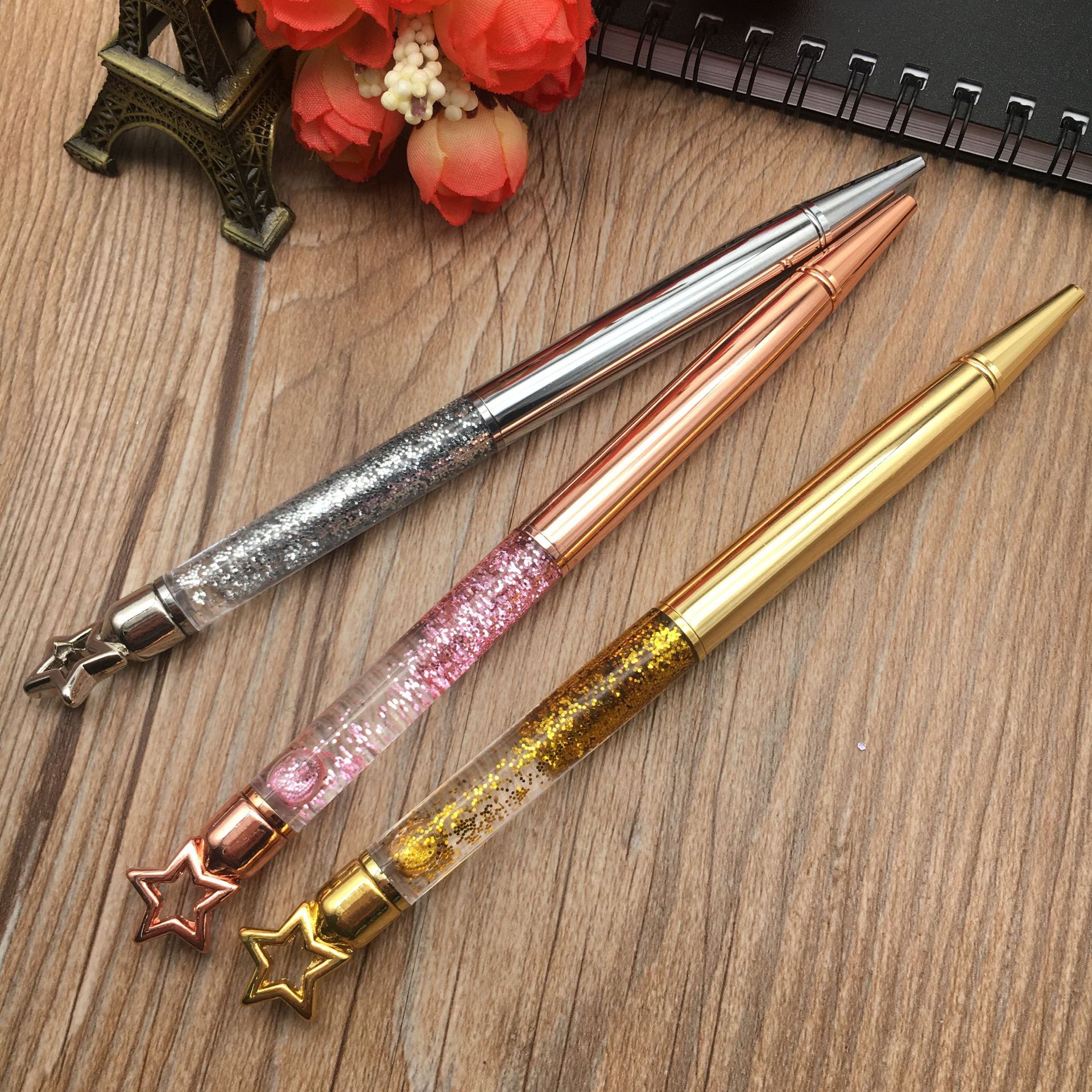 New five-pointed star ink pen, metal ballpoint pen, student pen, diy gold powder ballpoint pen details Picture