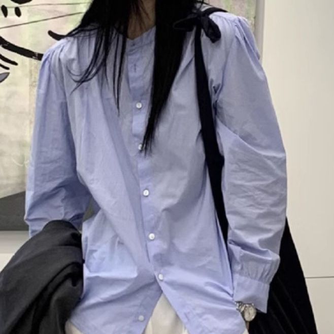 Korean round-neck white long-sleeved women's 2025 autumn cotton shirt slimming, retro design sense, niche Instagram Specification image