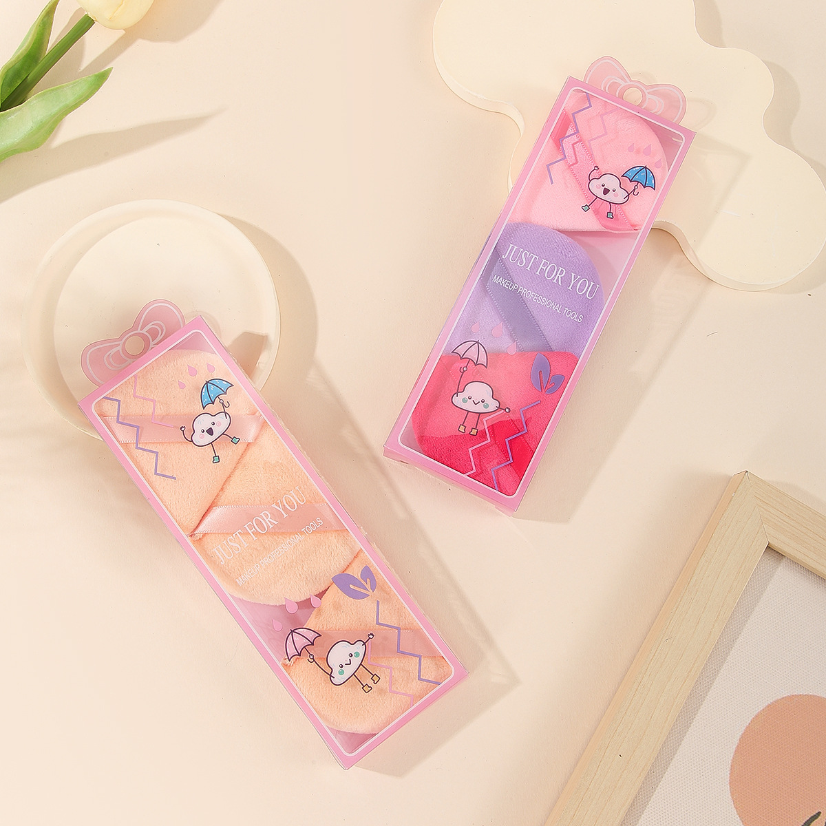 三角扇形粉扑植绒超软不吃粉丝带干湿两用美妆工具pvc盒装批发