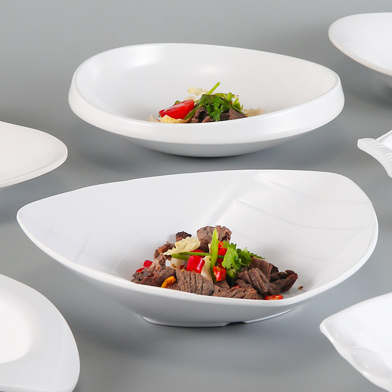 Melamine tableware, white imitation porcelain irregular-shaped plates, hotel and restaurant commercial irregular cold dish plates, creative plates details Picture