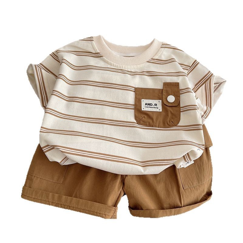 New children's summer clothing set, featuring striped short-sleeved T-shirts and shorts, is a fashionable two-piece set. It's casual, cool and trendy for babies Item Picture