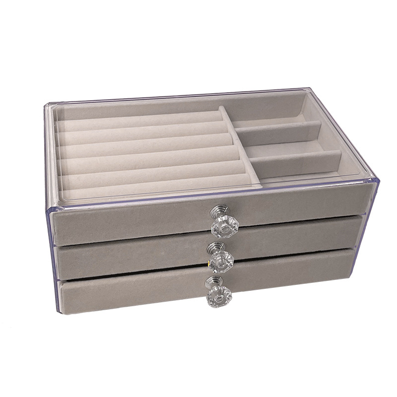 Transparent jewelry box, acrylic velvet three-layer drawer, jewelry box, earrings, necklace, anti-oxidation jewelry storage box Item Picture