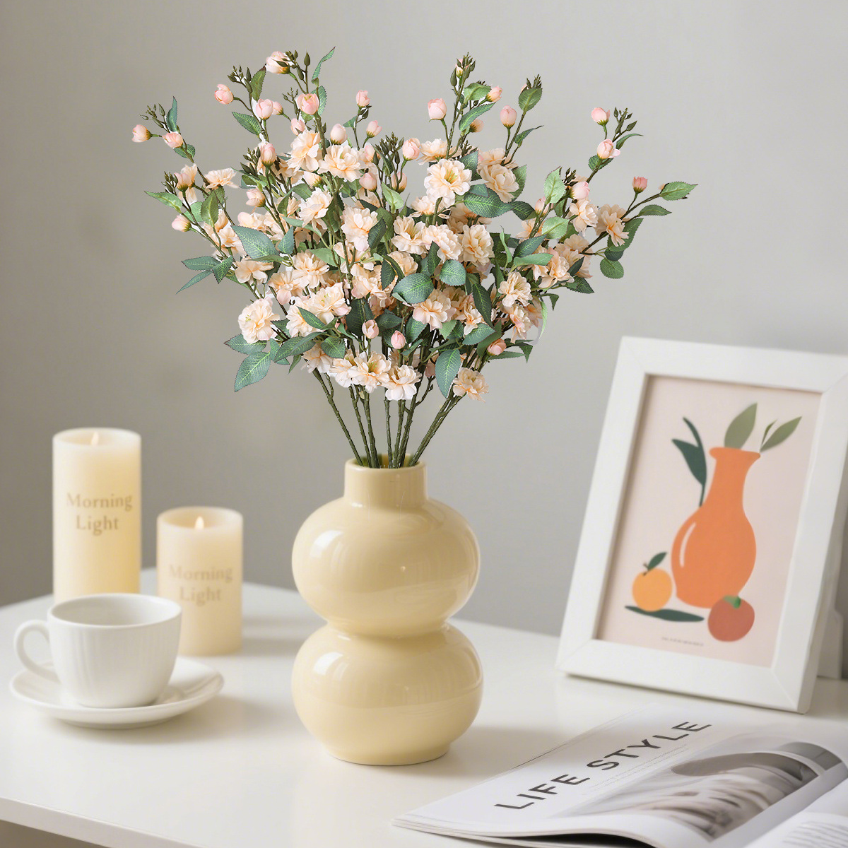 Artificial single-stem camellia, Chinese-style retro home decoration photography props, artificial flowers, silk flowers, wild camellia artificial flowers details Picture