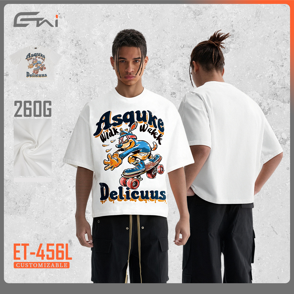 Fashionable printed T-shirt, white short-sleeved, cartoon duck, skateboard pattern and text, custom advertising clothes for men and women Fashionable printed T-shirt, white short-sleeved, cartoon duck, skateboard pattern and text, custom advertising clothes for men and women