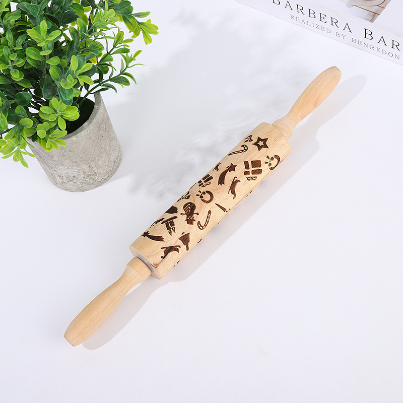 Wooden rolling pin, beech wood laser-engraved and printed rolling pin, embossed rolling sheet, Christmas fonse cookie rolling pin Application Scenario
