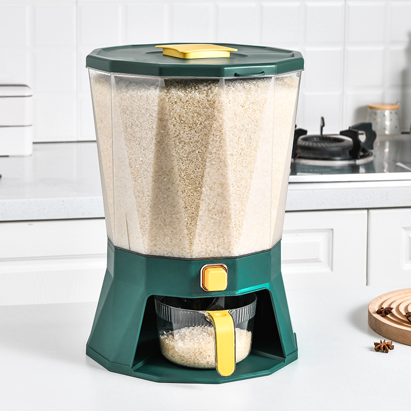 Kitchen classified rotating rice bucket, grain and cereal compartments, press-sealed jar, household moisture-proof and insect-proof plastic rice storage bucket Item Picture