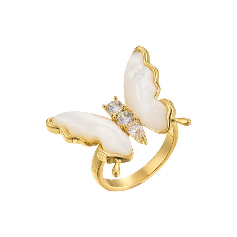 A dynamic and high-end natural mother-of-pearl butterfly opening ring, made of copper alloy and set with zirconium, exquisitely adjustable index finger ring Item Picture