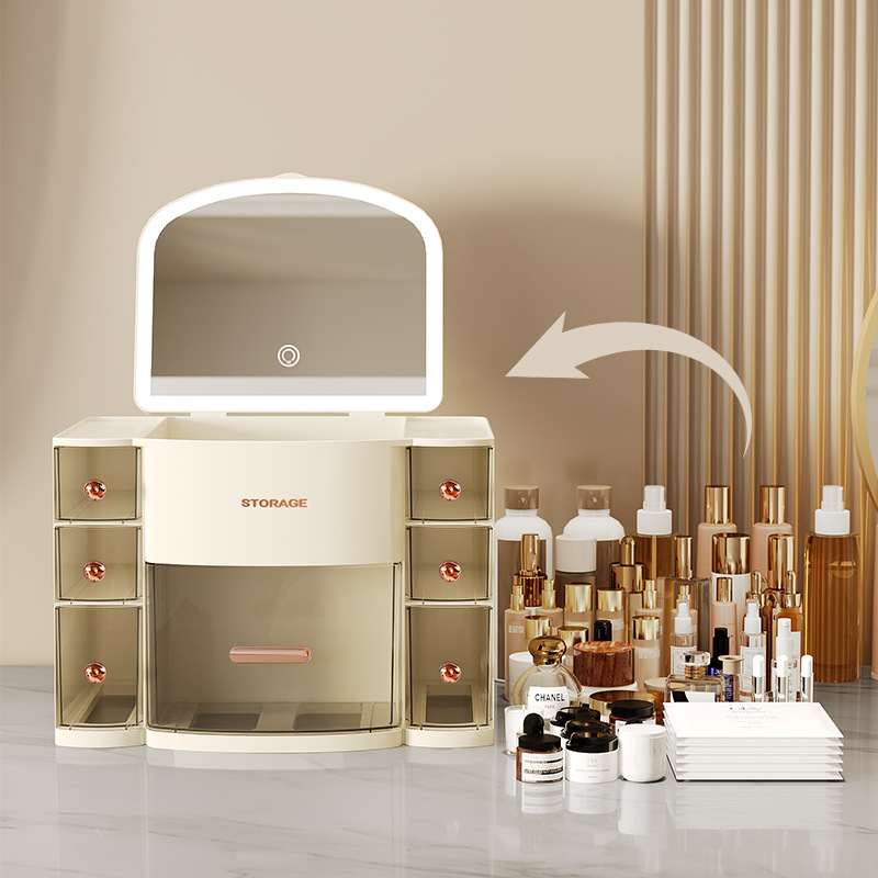 Cosmetics storage box with mirror, home dust-proof desktop, dressing table, multi-functional lipstick, eyebrow pencil, skin care products storage Specification image