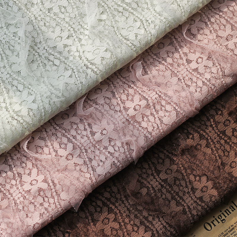 Lace wavy curved mesh fabric with black ear edge embroidery, small flower striped hook embroidery spring and summer forest-themed fabric in stock details Picture