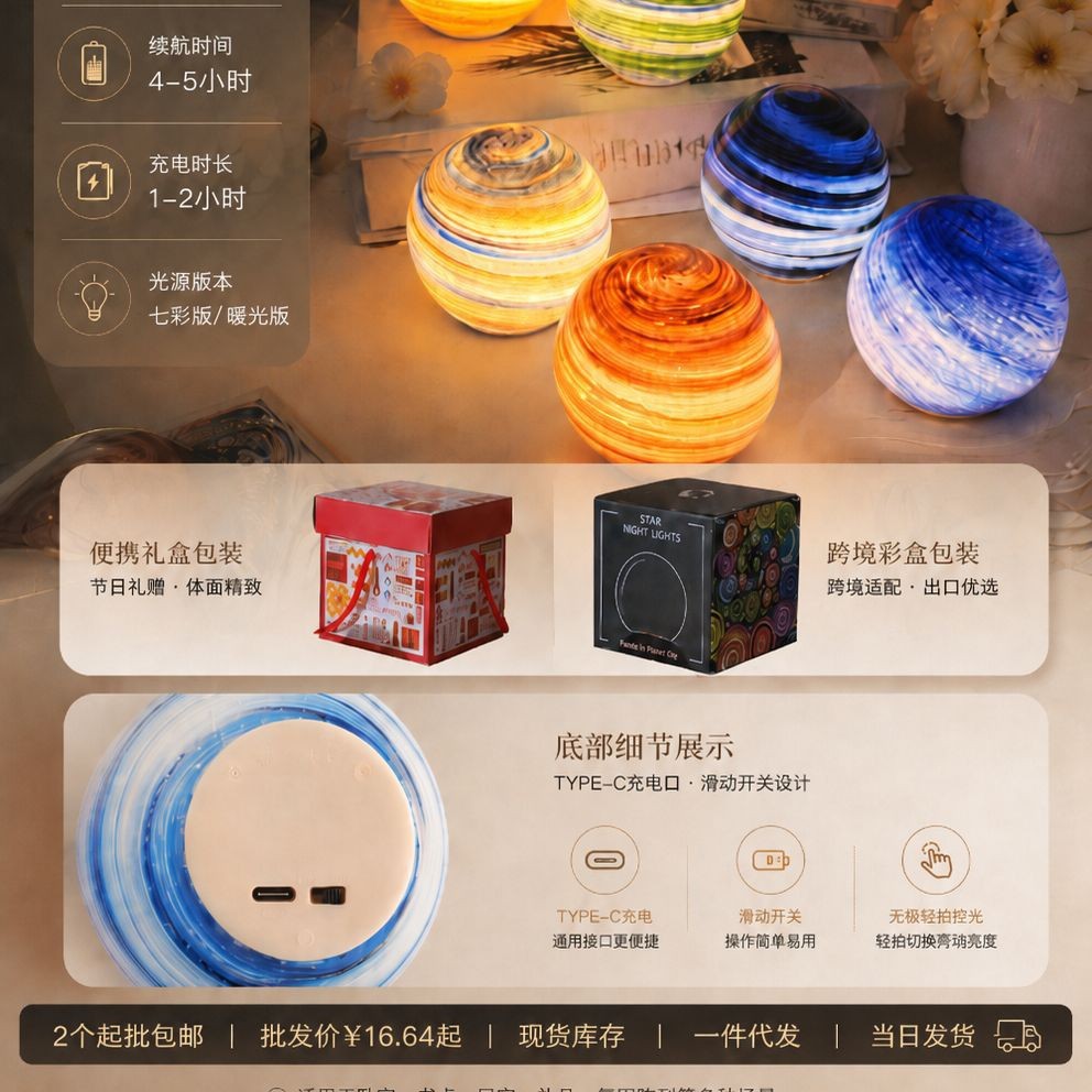 Charging Planet Photo-taking light, seven-color gradient starry sky Night light, bedroom gift atmosphere light, factory cross-border consignment details Picture