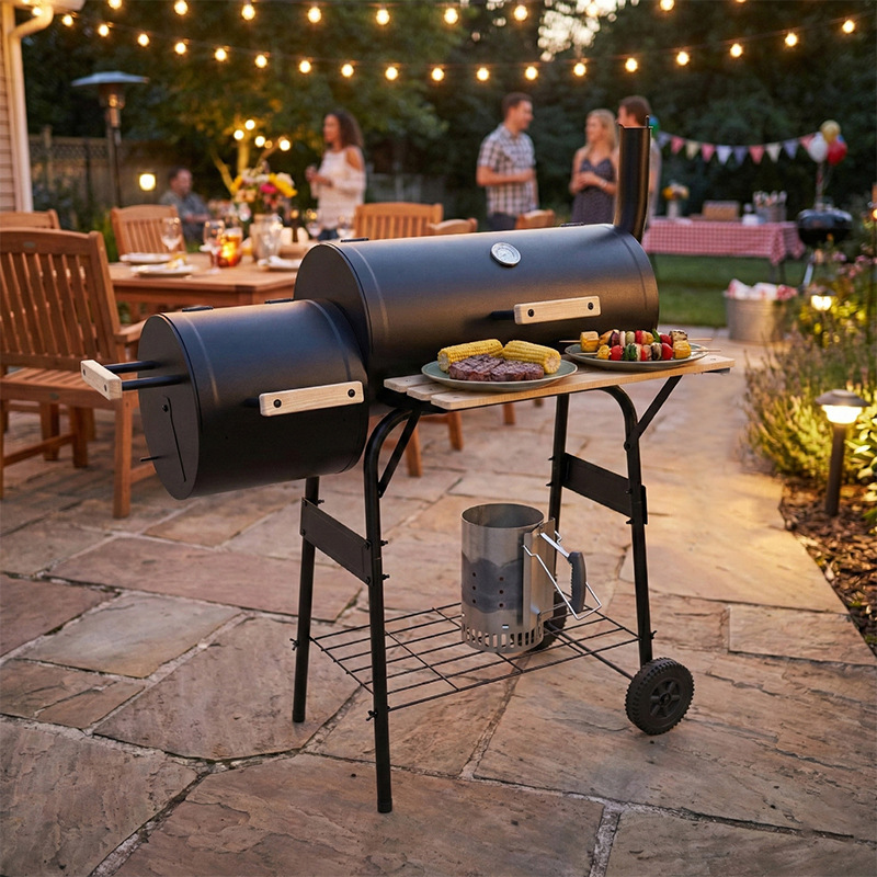 户外双桶子母火车炉大型炭火烟熏烧烤炉加厚美式烧烤架露营碳烤炉