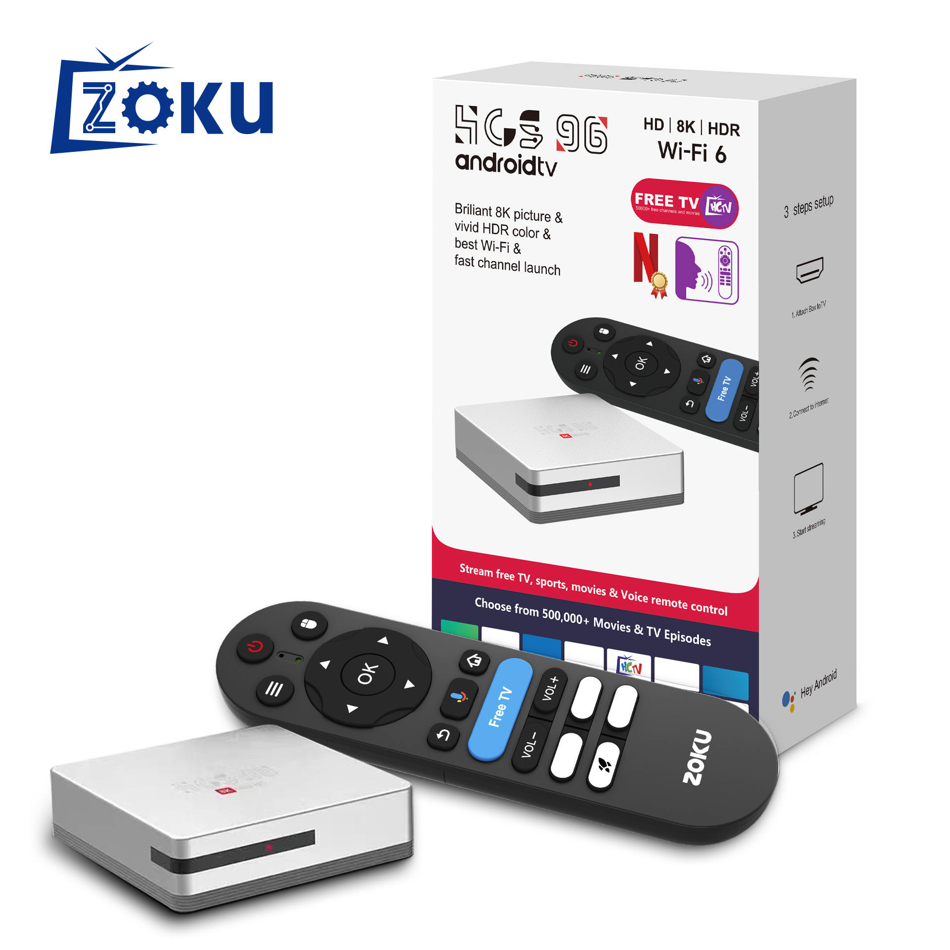 tk's best-selling HCS96 Silver Android 14 Set-top box 4K high-definition Bluetooth wifi6G Bluetooth voice Remote control set-top box Item Picture