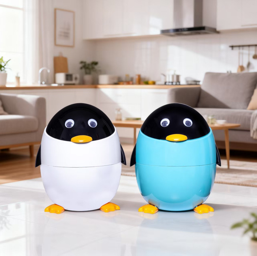 轻奢可爱风卡通企鹅酷熊垃圾桶带盖客厅卧室双筒创意翻盖家用超萌