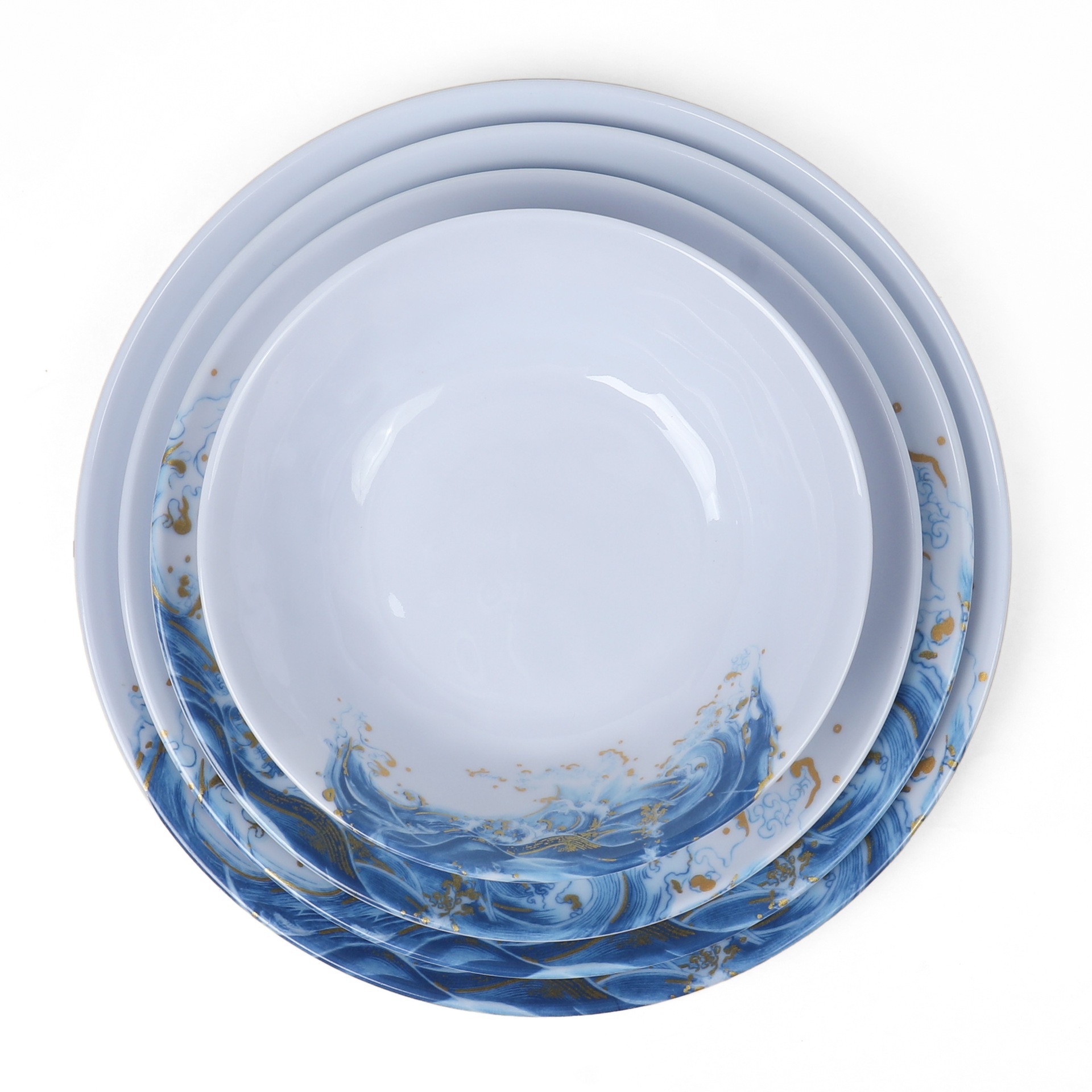 Custom-made commercial plastic bowls, plates and saucers for foreign trade imitation porcelain round plates, melamine gold wave vegetable plates, buffet hot pot tableware Application Scenario