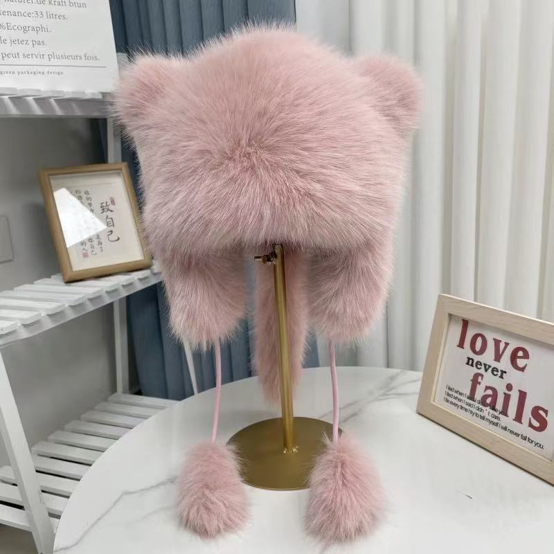 Fluffy little bear hat for women, thick and warm for ears in autumn and winter, Lei Feng hat, cat ear plush headscarf hat, casual and versatile details Picture