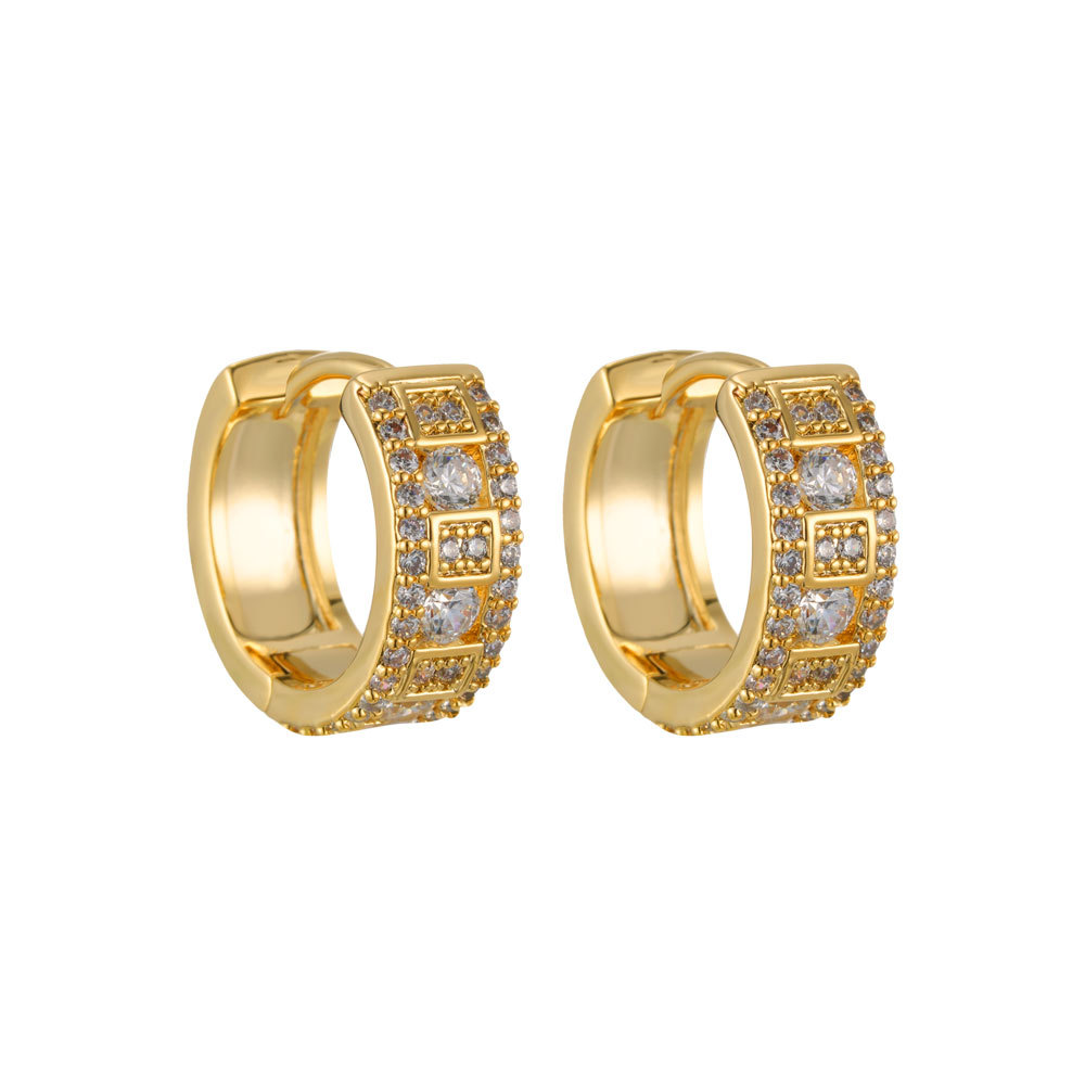 Light luxury, niche wide square checkered earrings ring, copper alloy, real gold electroplated, slightly inlaid with zirconium, high-end women's earrings Item Picture