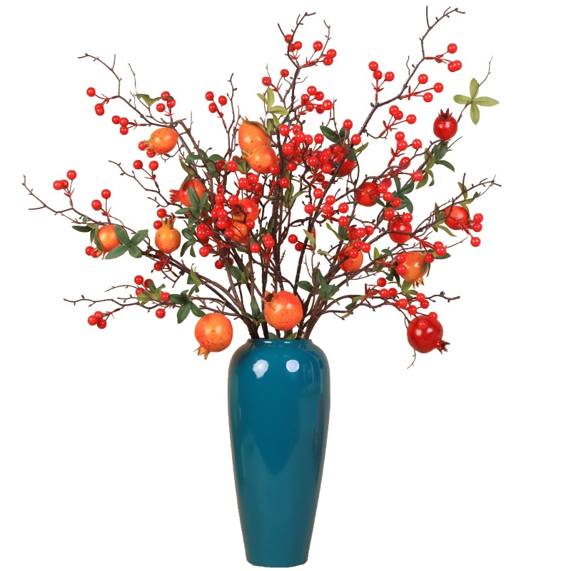 Pomegranate flower, artificial flower arrangement, Holly, red fruit, money fruit, persimmon, New Year decoration, dried flower bouquet for New Year's Eve Item Picture