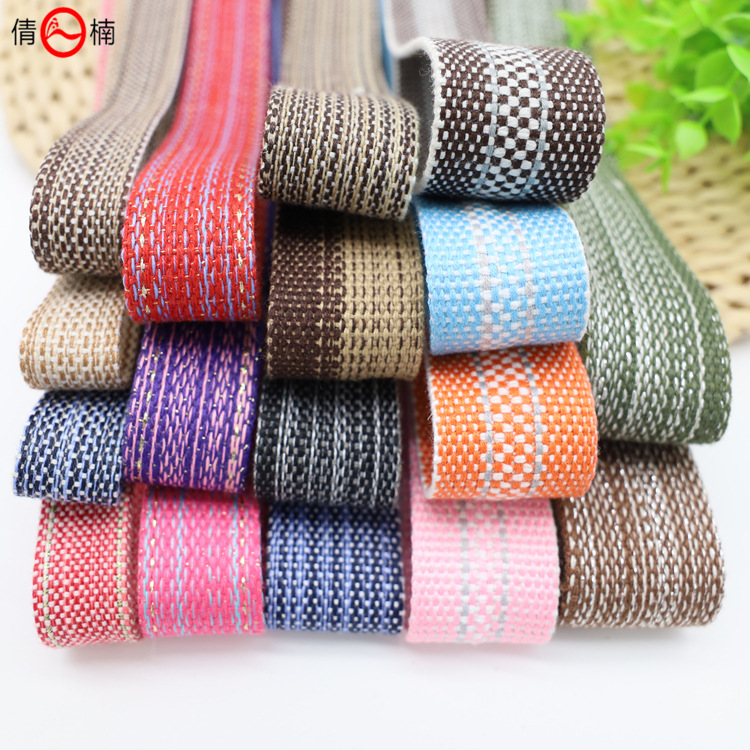 Factory direct supply of 33mm 25mm mixed linen gold and silver thread polyester-cotton woven straps for DIY handicrafts of bags, shoes, hats, belts and decorations