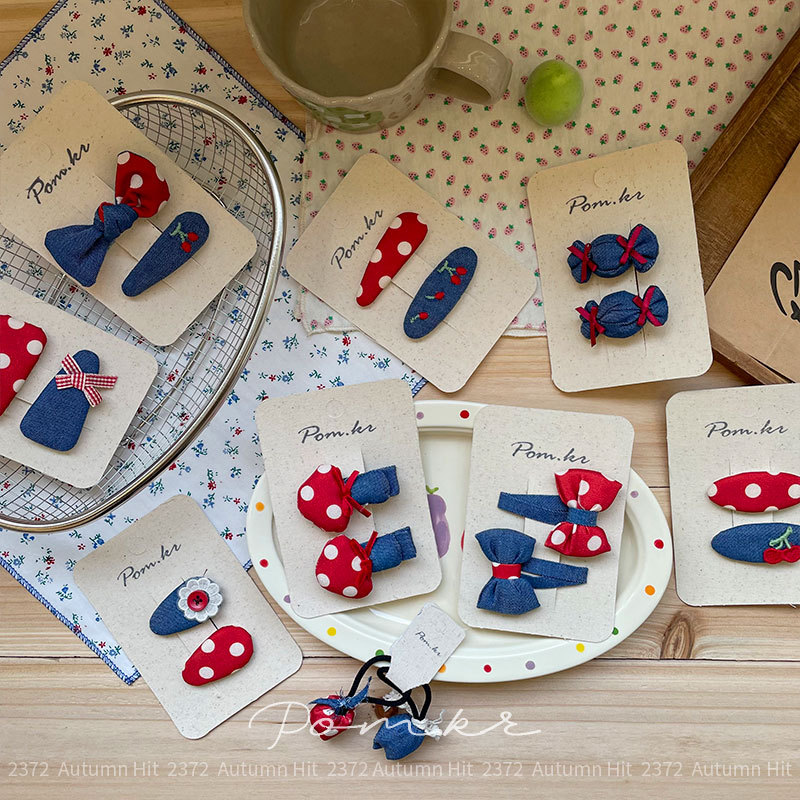 Korean red and white polka dot denim blue hair clip, bangs clip, side clip, sweet color-blocking hair accessory, mushroom cherry hair clip, Pom.kr Red polka dot denim hair accessory: cherry bow style, sweet, cool and cute, energetic for autumn and winter details Picture