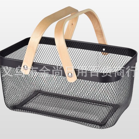 家用铁艺镂空收纳篮木柄手提篮手提果蔬篮浴室厨房多功能收纳篮