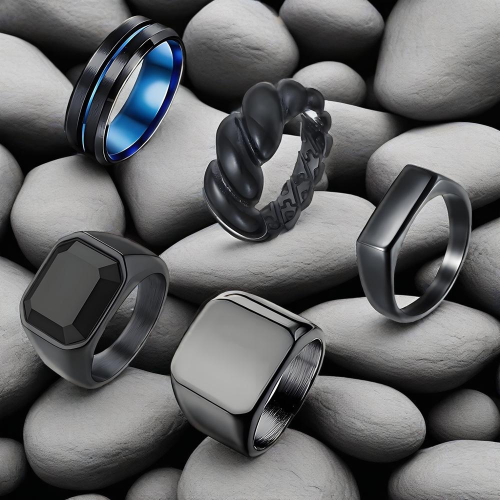 2025 New cross-border Amazon jewelry ins minimalist style titanium steel men's smooth black gemstone ring batch Specification image