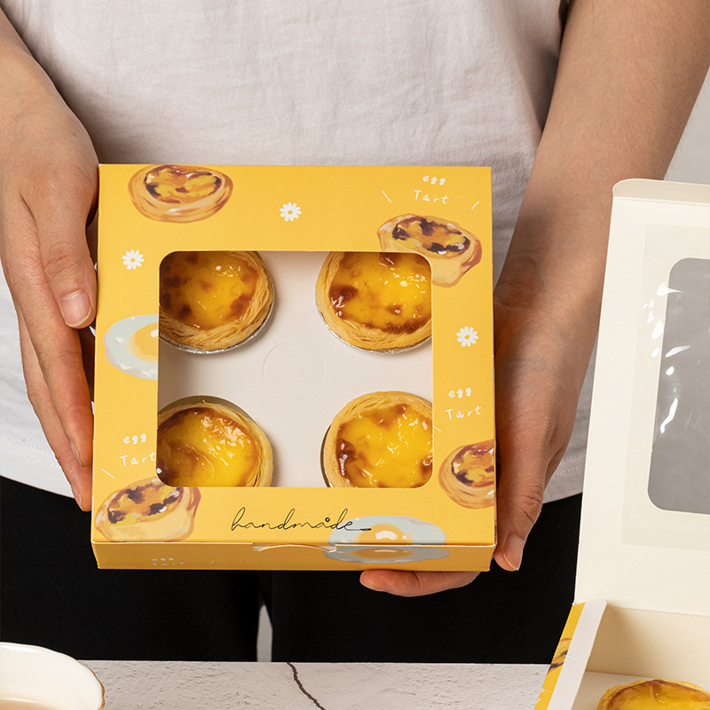 Baking packaging egg tart box, 4-piece disposable packaging paper box, little bear cute Portuguese egg tart box, Western pastry box details Picture