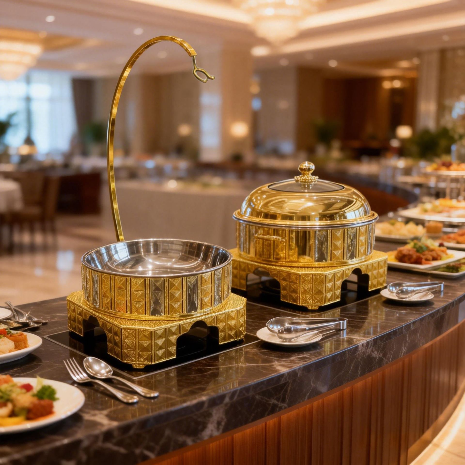 Cross-border stainless steel buffet stove, Golden Hotel Restaurant visible round insulated stove Chafing Dish details Picture