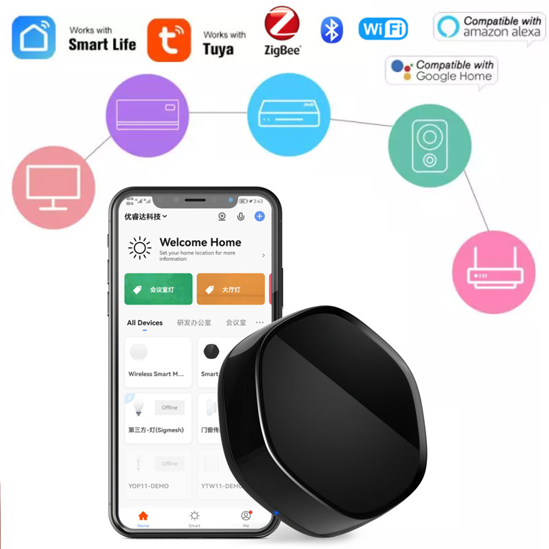 Black circular smart repeater for small household appliances and smart home control devices
