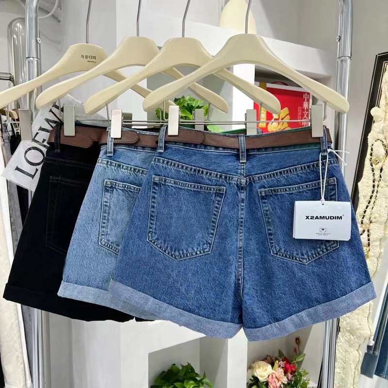 Verano 2025 nuevo look pierna larga entrepierna rizado shorts denim mujer denim rizado shorts de tres puntos details Picture