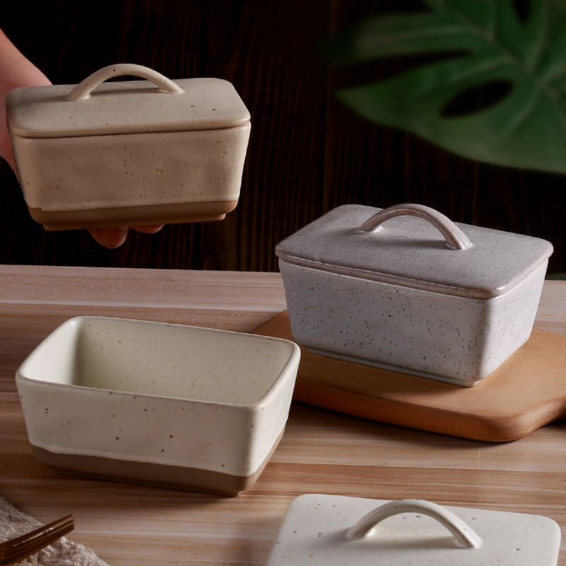 New retro and creative ceramic butter box with lid, square cream box, Western-style butter box in stock details Picture