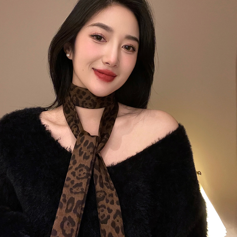 2025 New European and American style leopard print chiffon long silk scarf for women, fashionable and hot girl decorative neckerchief, light scarf ribbon details Picture