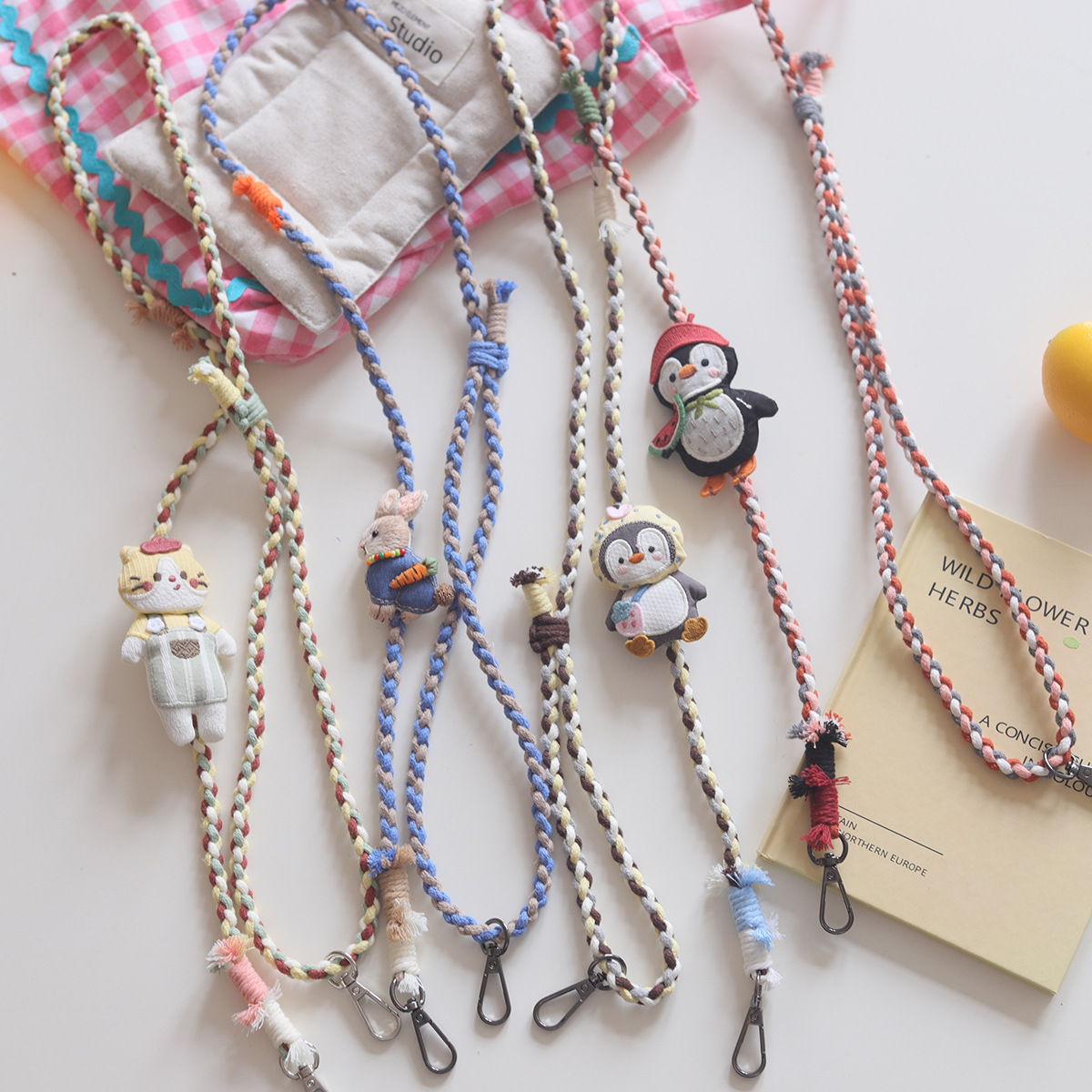 Forest-themed cute penguin animal keychain woven mobile phone lanyard, anti-loss diagonal adjustable mobile phone chain, ID card chain details Picture