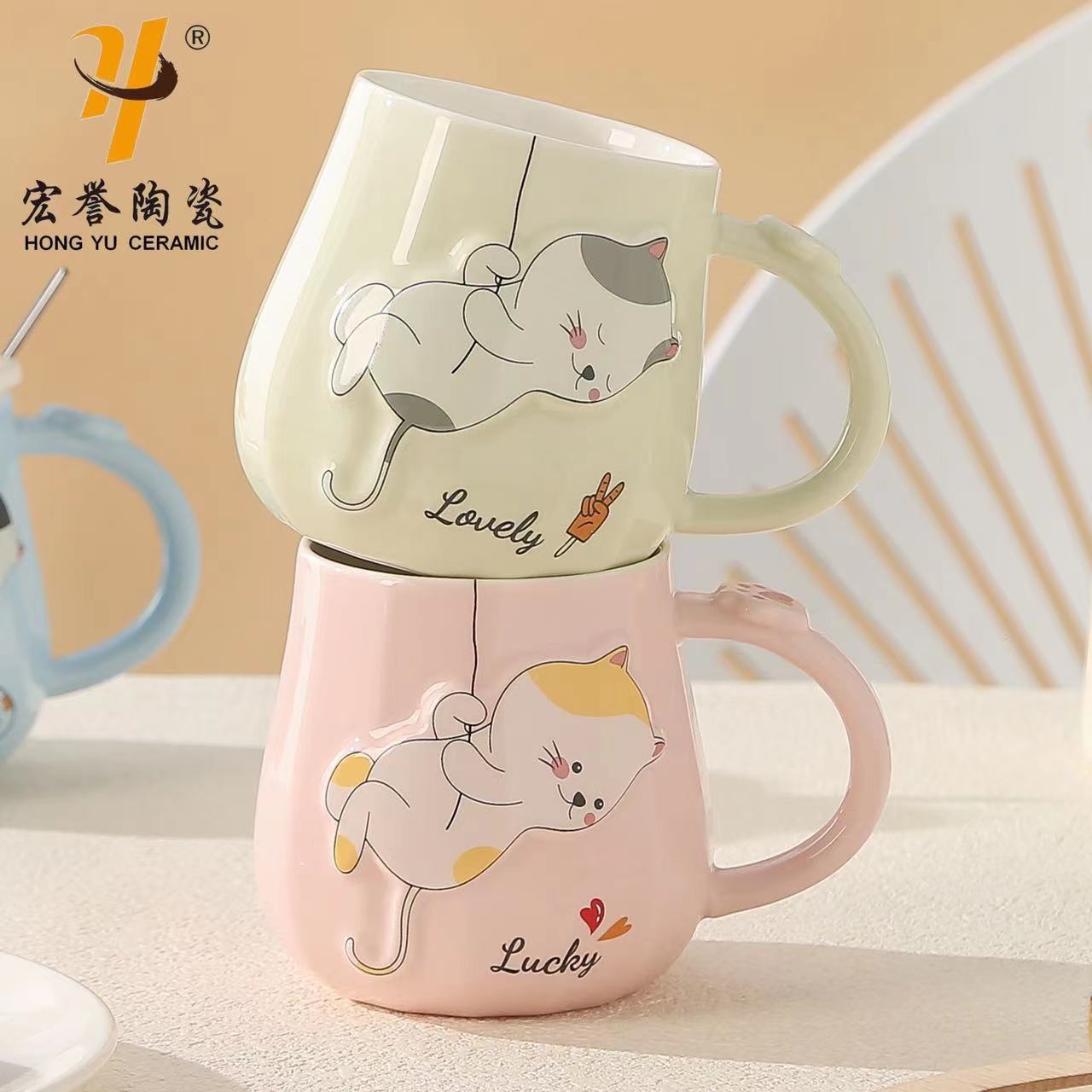 Cute embossed cat ceramic cup, high appearance level three-dimensional mug, large-capacity couple coffee and milk water cup Specification image