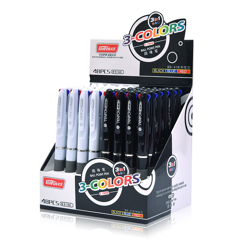 Tianfeng three-color Ballpoint Pen Black and White Barrel multi-color Pen wholesale 516D Office Press Ballpoint Pen