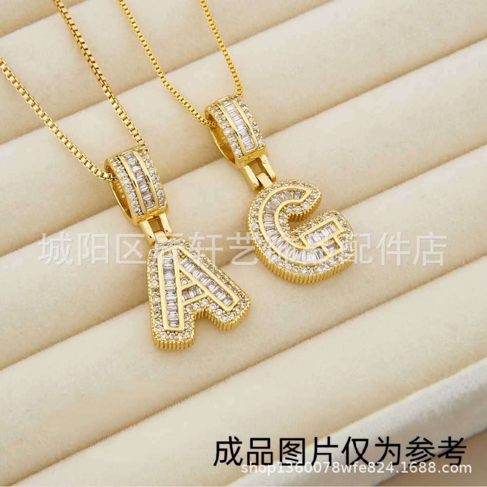 跨境欧美热卖铜镶锆石时尚个性嘻哈26个冰糖字母吊坠项链饰品批发