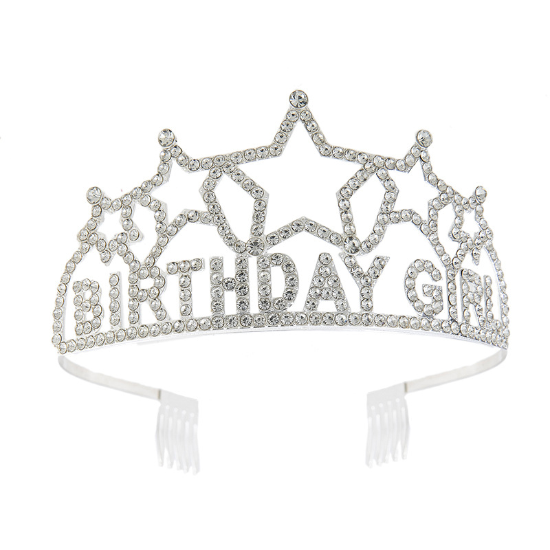 Factory direct sales of cross-border crown headwear BIRTHDAY GIRL water diamond alloy crown birthday girl five-pointed star full diamond birthday crown jewelry